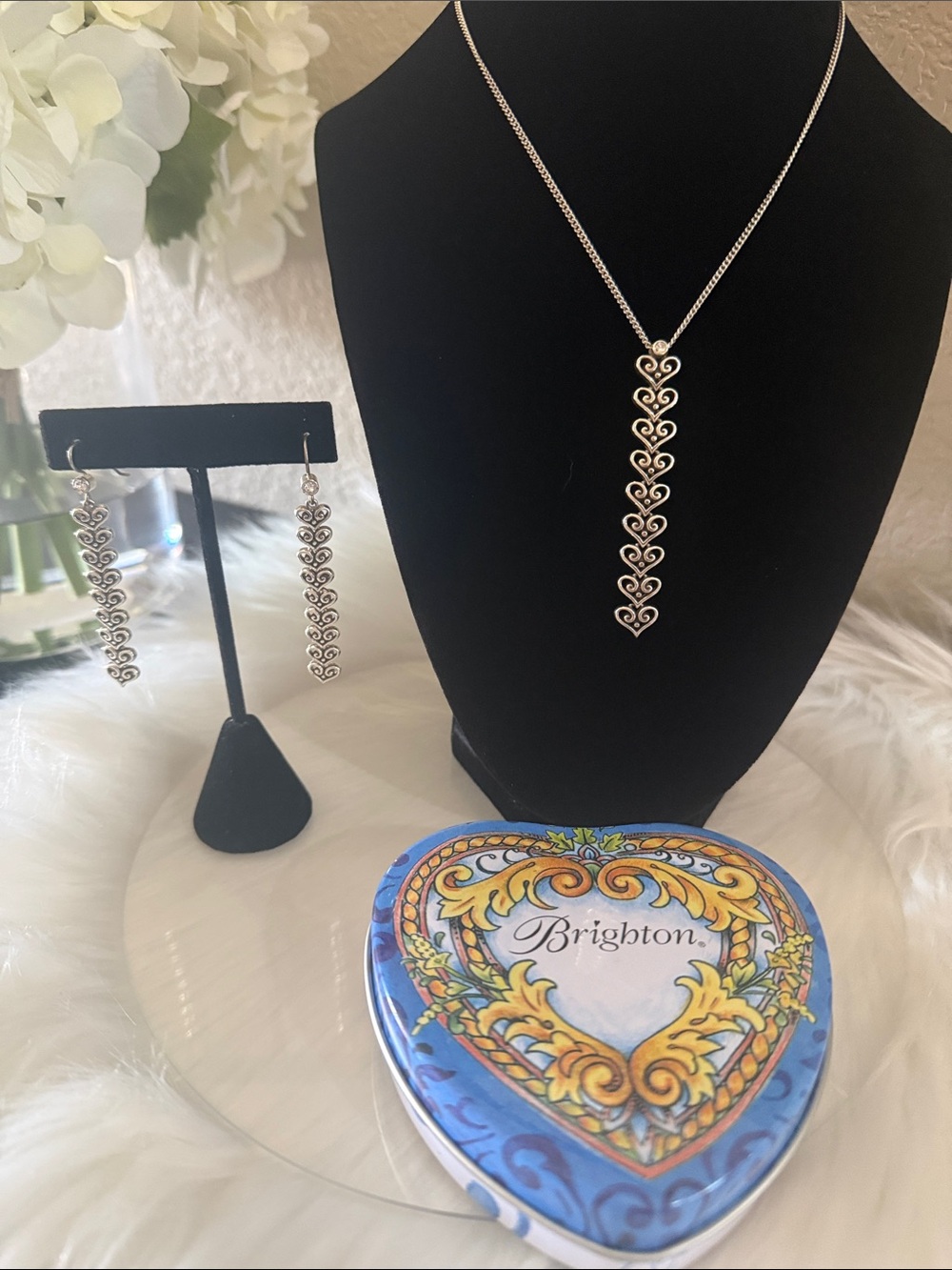 ♥️ Brighton Alcazar Silver Heart Link Drop Necklace and Earrings Set